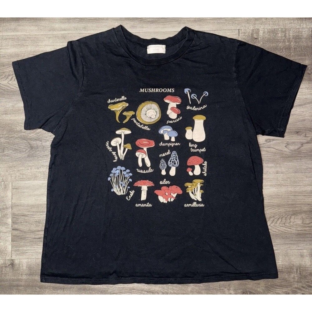 Women’s Mushroom T Shirt XL Philosophy Of Love Black Types Of Mushrooms Shirt